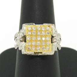 18k Two Tone Solid Gold 1.10 ctw Round Pave Diamond Square Cocktail Ring