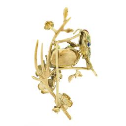 Vintage 18k Gold Ruby Enamel Flower Mother Bird Feeding Babies on Branch Brooch