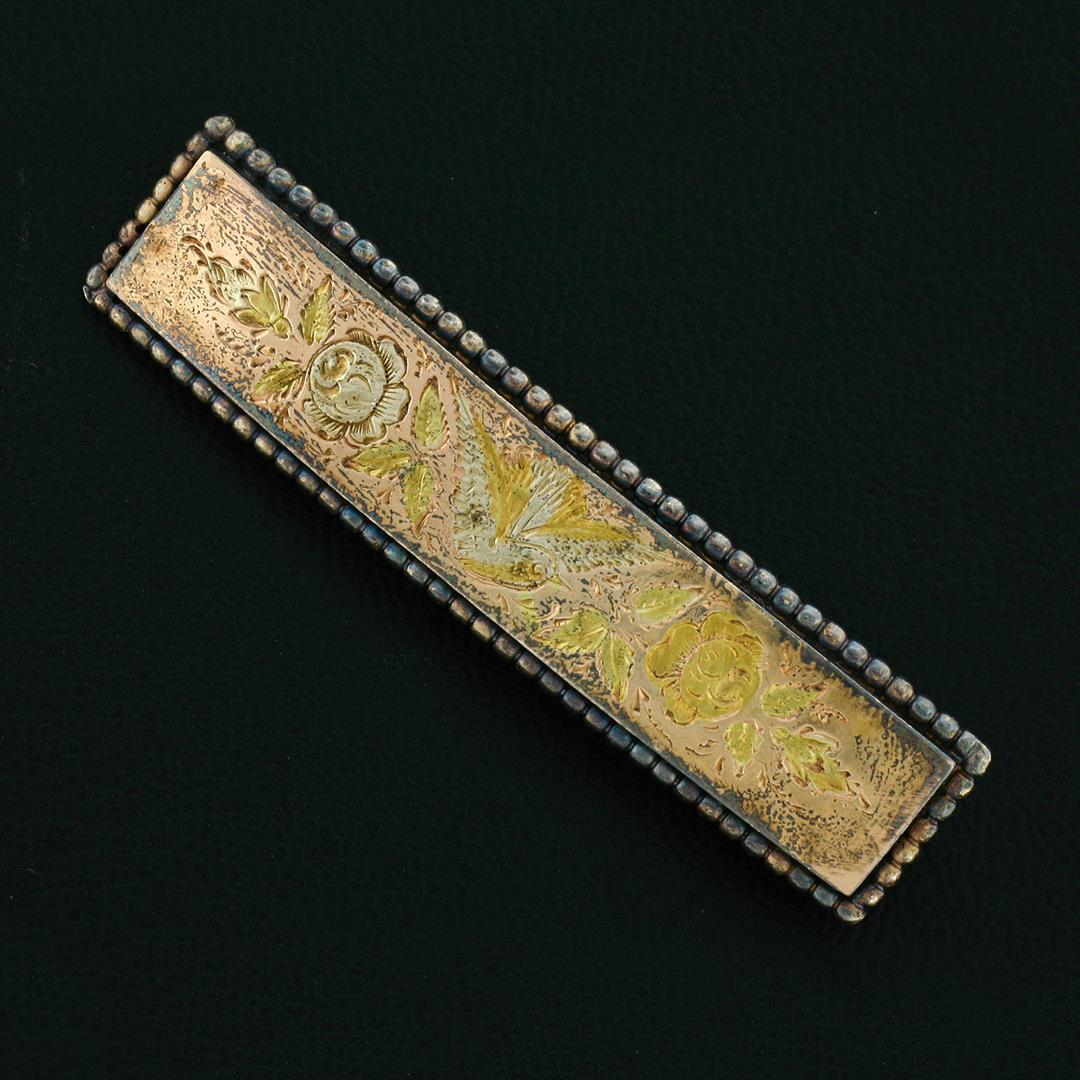 Antique 14K Gold Hand-Engraved Bird & Floral Work Beaded Frame Bar Pin Brooch