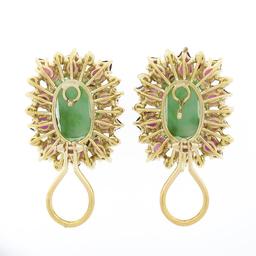 Vintage 18k Gold 8.60 ctw Rectangular Jade w/ Pear Ruby Diamond Statement Earrin