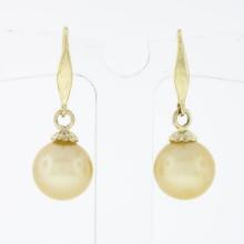 Vintage 14K Yellow Gold Round Cultured Pearl Solitaire Drop Dangle Earrings