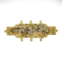 S. Bros Antique Victorian 15K Yellow Gold 3 Clover w/ Seed Pearl Bar Brooch Pin