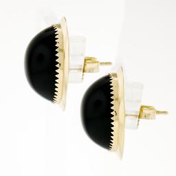 Vintage 14K Yellow Gold Round Cabochon Black Onyx Button Earrings w/ Plain Frame