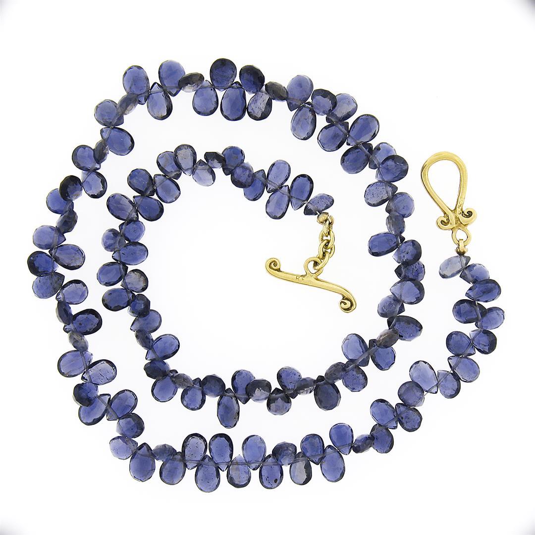Vintage GIA Tear Drop Briolette Iolite Strand Necklace w/ 18k Gold Toggle Clasp