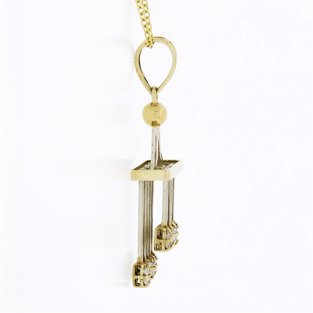 Unique Vintage 14k TT Gold Diamond Tiered Bar Tassel Dangle Pendant Necklace
