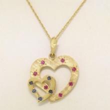 14k Yellow Gold 0.48 ctw Round Ruby & Sapphire Double Heart Dual Finish Pendant