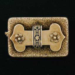 Antique Victorian 14K Gold Etched Textured Floral Brooch Pin & Black Enamel Work