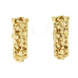 Vintage 18K Yellow Gold Nugget Textured Finish Hoop Huggie Clip On Earrings