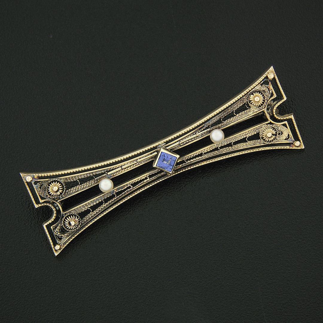 Antique 14k Yellow Gold Square Blue Montana Sapphire & Pearl Open Bar Pin Brooch