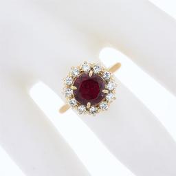Vintage 18k Gold 2 ctw GIA Burma No Heat Round Ruby Diamond Halo Cluster Ring