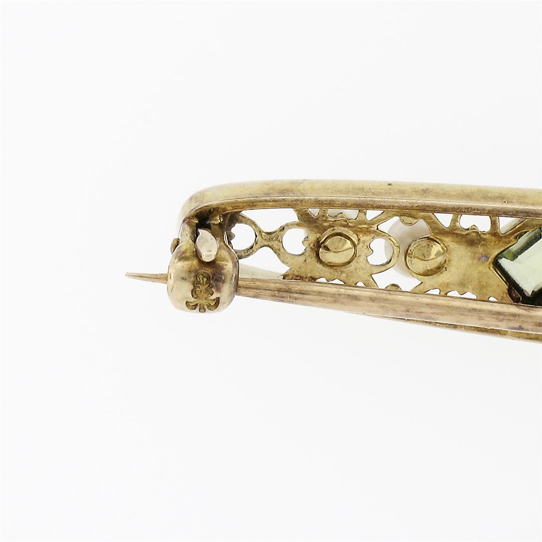 Antique Art Nouveau 14k Yellow Gold Peridot Seed Pearl Open Work Bar Pin Brooch