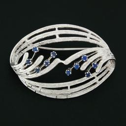 Vintage Etched 18k White Gold .30 ctw Round Sapphire Abstract Textured Brooch Pi
