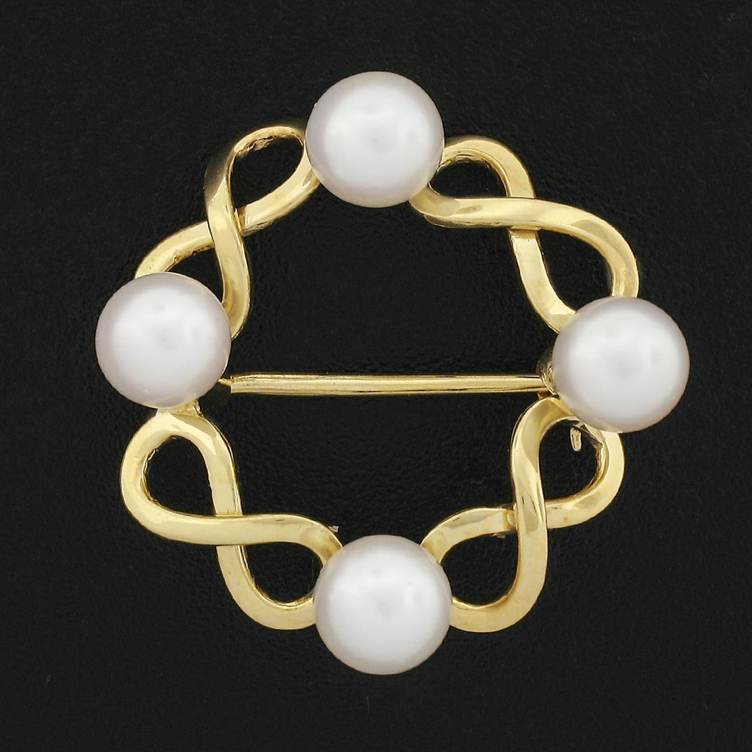 Vintage 14k Yellow Gold Alternating Infinity White Pearl Open Wreath Pin Brooch