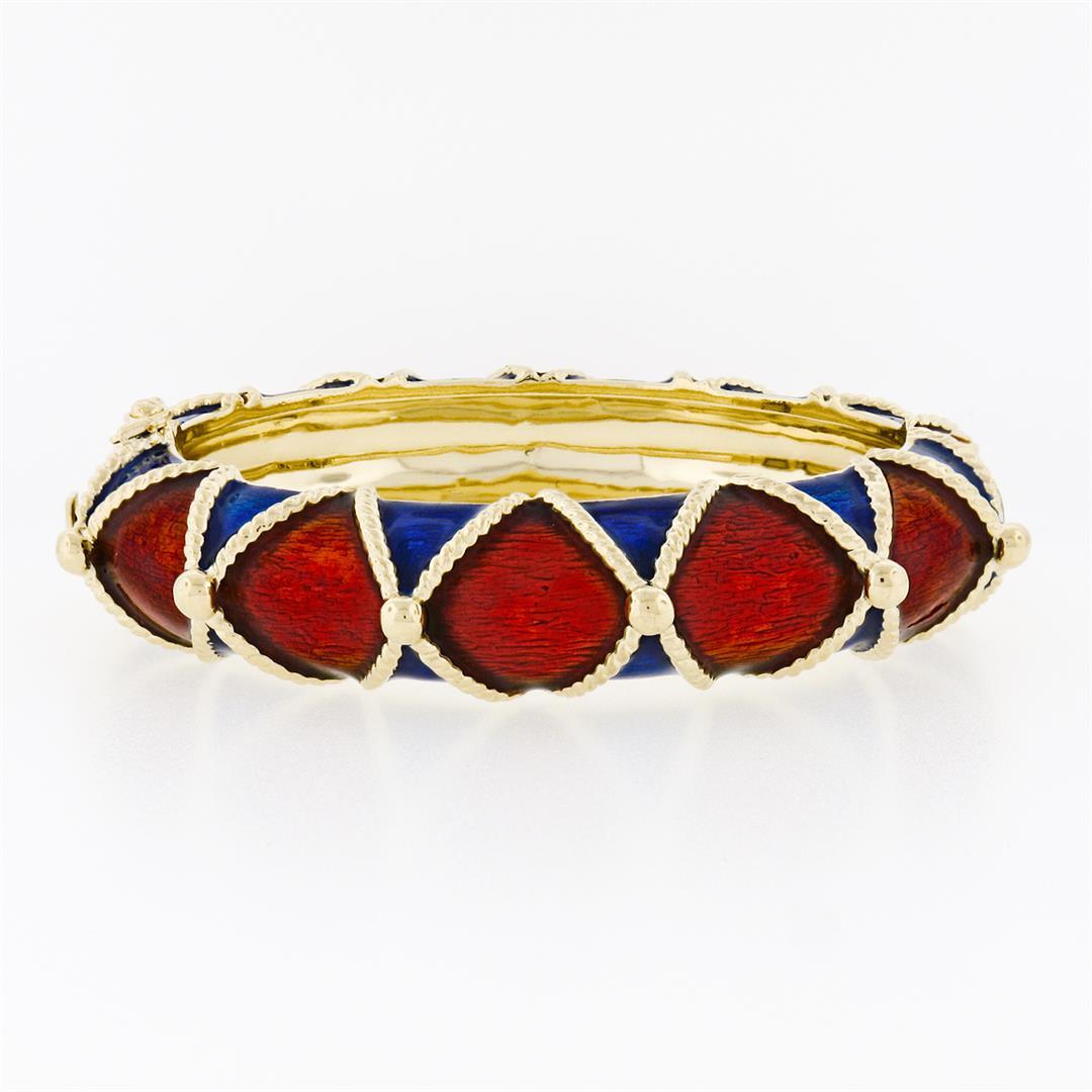 Large Heavy Vintage 14K Gold Blue Red Enamel Twisted Wire Hinged Bangle Bracelet