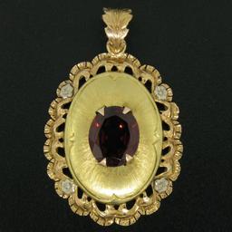 Vintage 18k Yellow Rose and White Gold 3.42 ctw Oval Garnet Solitaire Etched Flo