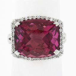14k Gold 13.75 ctw GIA Cushion Purple Pink Tourmaline Diamond Halo Cocktail Ring
