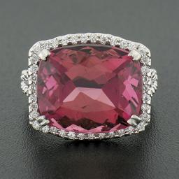14k Gold 13.75 ctw GIA Cushion Purple Pink Tourmaline Diamond Halo Cocktail Ring