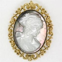 Vintage 14K Gold Carved White on Black Mother of Pearl Cameo Pin Brooch Pendant