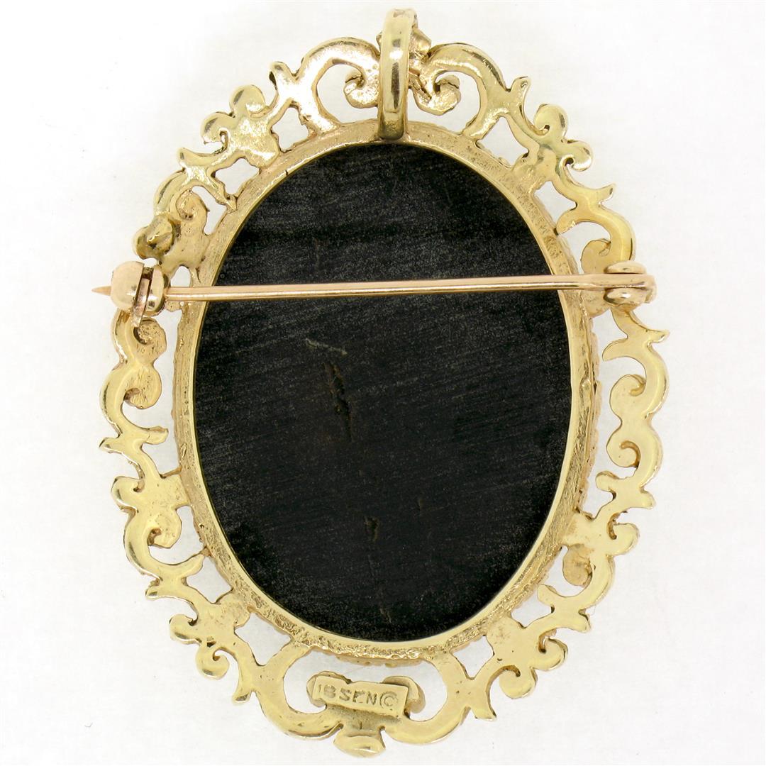 Vintage 14K Gold Carved White on Black Mother of Pearl Cameo Pin Brooch Pendant