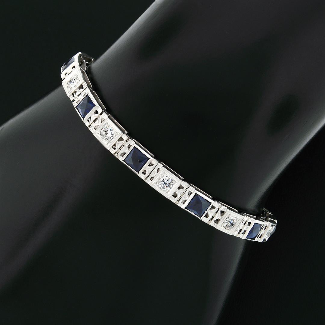 Antique Art Deco 18k Gold 1.10 ctw European Diamond & Syn. Sapphire Line Bracele