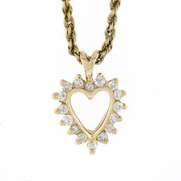 14K Yellow Gold 0.30 ctw Round Diamond Open Heart Pendant w/ Rope Chain Necklace