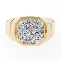 Vintage Men's 14k TT Gold .52 ctw Round Pave Diamond Cluster Ring w/ Ribbed Shan