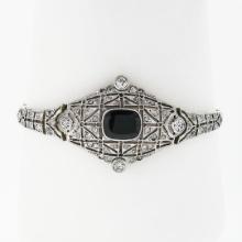 Antique Edwardian 18k Gold Platinum Black Onyx & Rose Cut Diamond Belly Bracelet