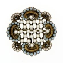 Antique Art Nouveau 14k Gold Seed Pearl White Blue Enamel Flower Brooch Pendant