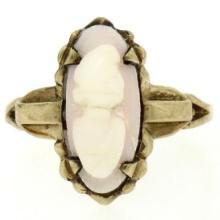 Antique Victorian 10k Yellow Gold Simple Petite Carved Pink Stone Cameo Ring