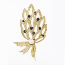 Vintage Large 14K Gold 1.3 ctw Sapphire Pearl Open Textured Flower Leaf Brooch P