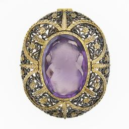 Antique Giovanni Apa 14K Gold Hand Carved Amethyst Cameo DETAILED Brooch Pendant