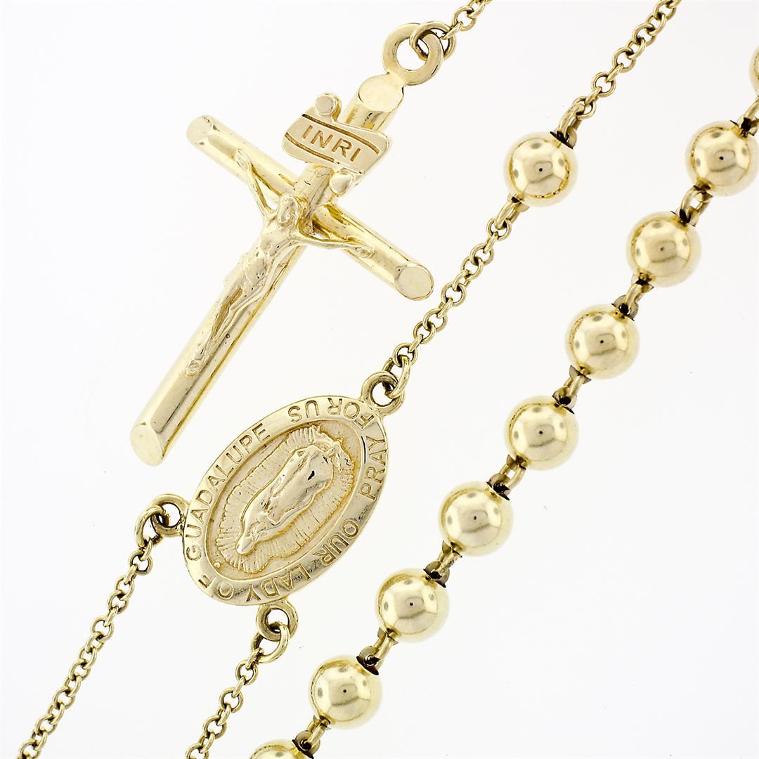 NEW 14k Gold Long 26" Polished Bead Our Lady of Guadalupe Rosary Crucifix Chain