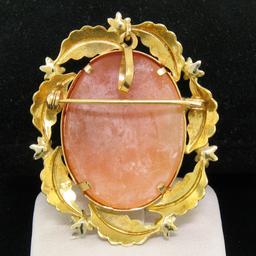 Vintage 18k Two Tone Gold Carved Shell Cameo Open Work Frame Brooch Pin Pendant