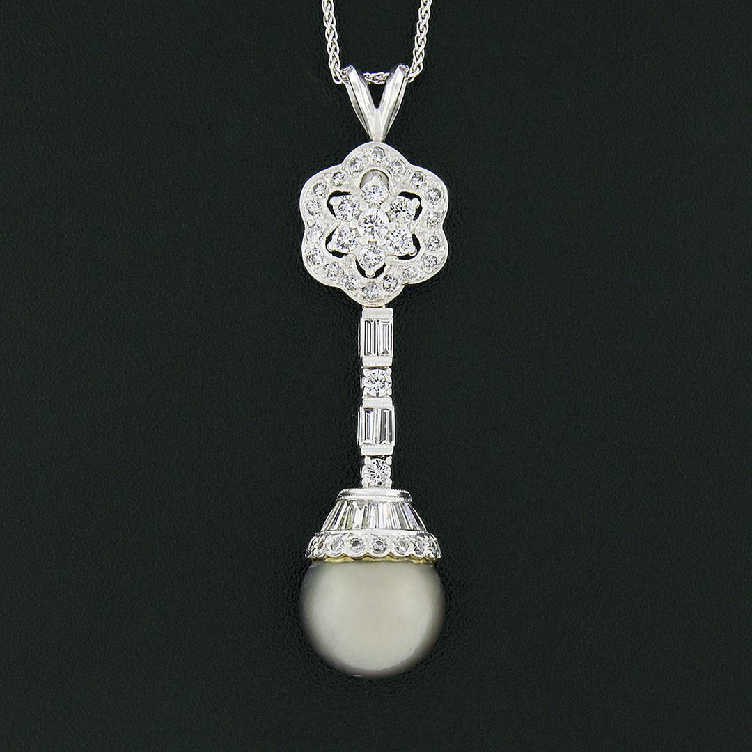 18k White Gold 1.84 ctw Diamond Flower Cluster Tahitian Pearl Drop Dangle Pendan