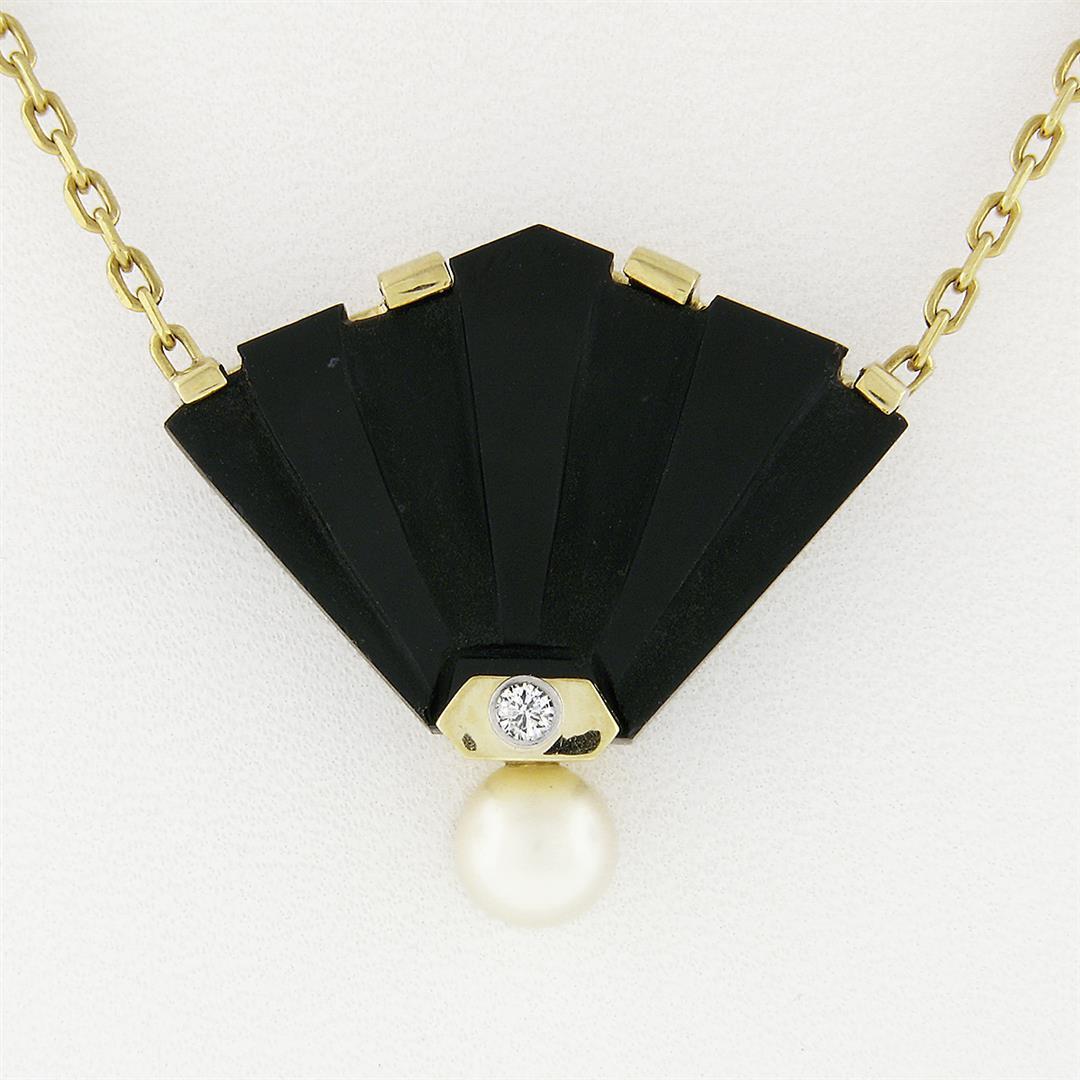 14k Yellow Gold Fan Shape Carved Black Onyx Diamond Pearl Pendant On Cable Chain