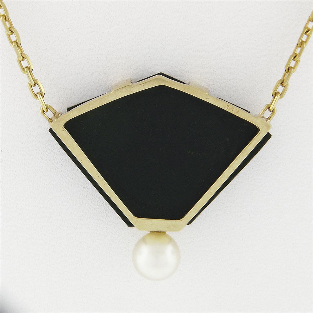 14k Yellow Gold Fan Shape Carved Black Onyx Diamond Pearl Pendant On Cable Chain