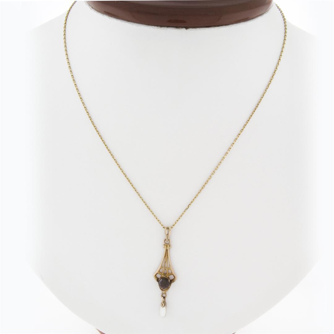 Antique Victorian 10k Gold Garnet Pearl Dangle Lavalier Pendant On New 14k Chain