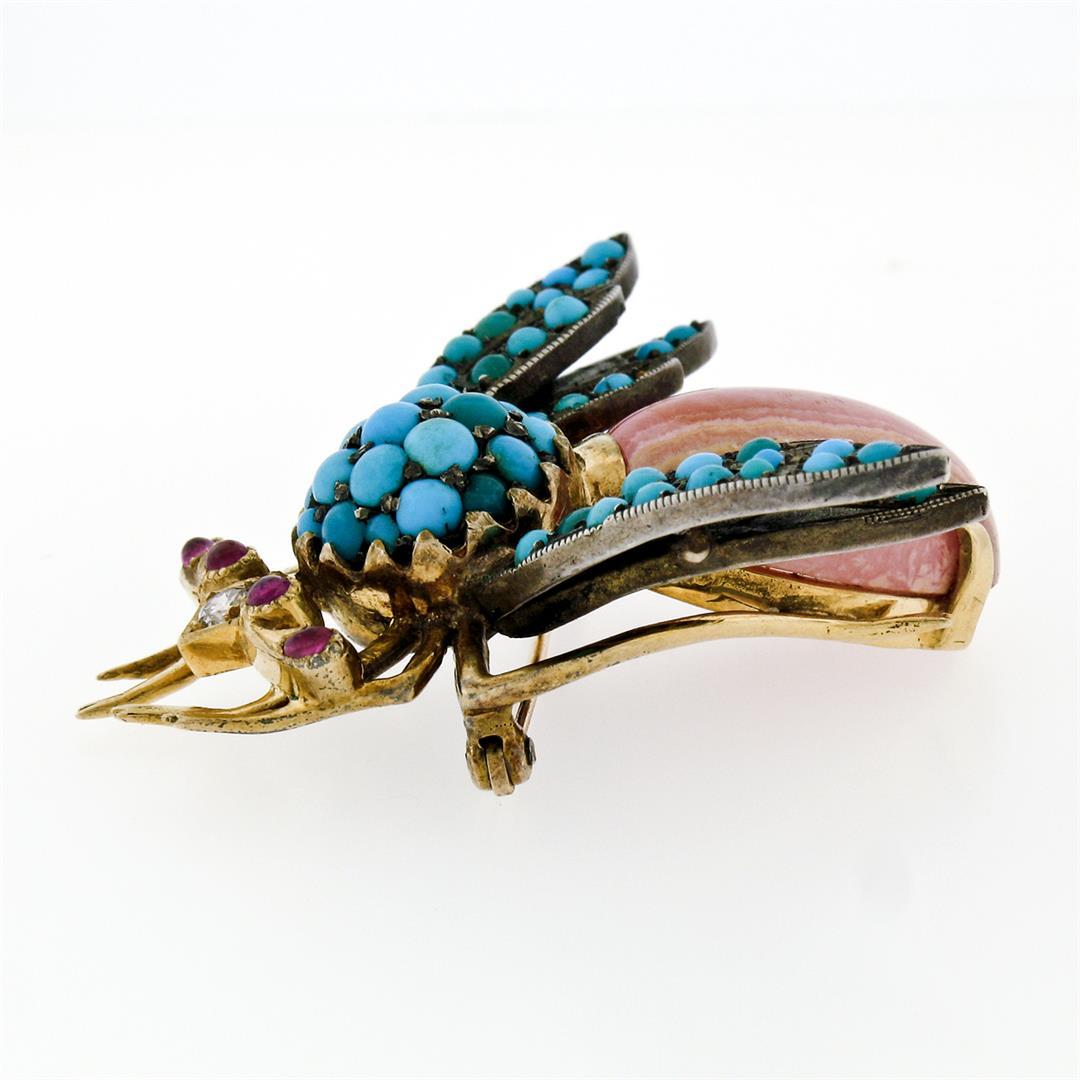 Vintage 14k Gold Silver Ruby Diamond Turquoise Rhodochrosite Bee Fly Brooch Pin