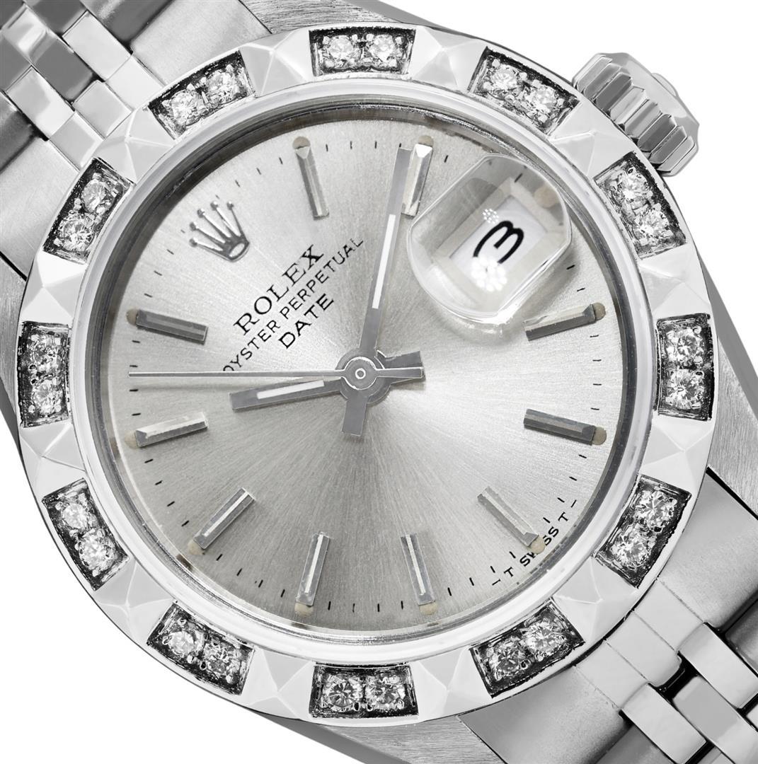 Rolex Ladies Stainless Steel Silver Index 18K White Gold Diamond Bezel Date Watc