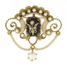 Victorian Revival 14K Gold Black Onyx Seed Cultured Pearl Dangle Brooch Pendant