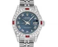 Rolex Ladies Quickset Stainless Steel Blue Roman 18K White Gold Diamond & Ruby B