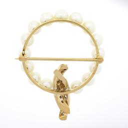 Vintage 14k Gold Cultured Pearl w/ 0.32 ctw Diamond Round Circle Wreath Pin Broo