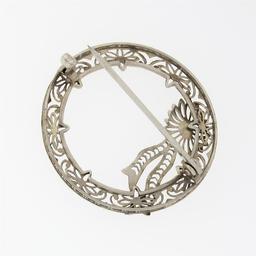 Antique Art Deco 14k White Gold Filigree Circle Wreath Floral Ribbon Brooch Pin