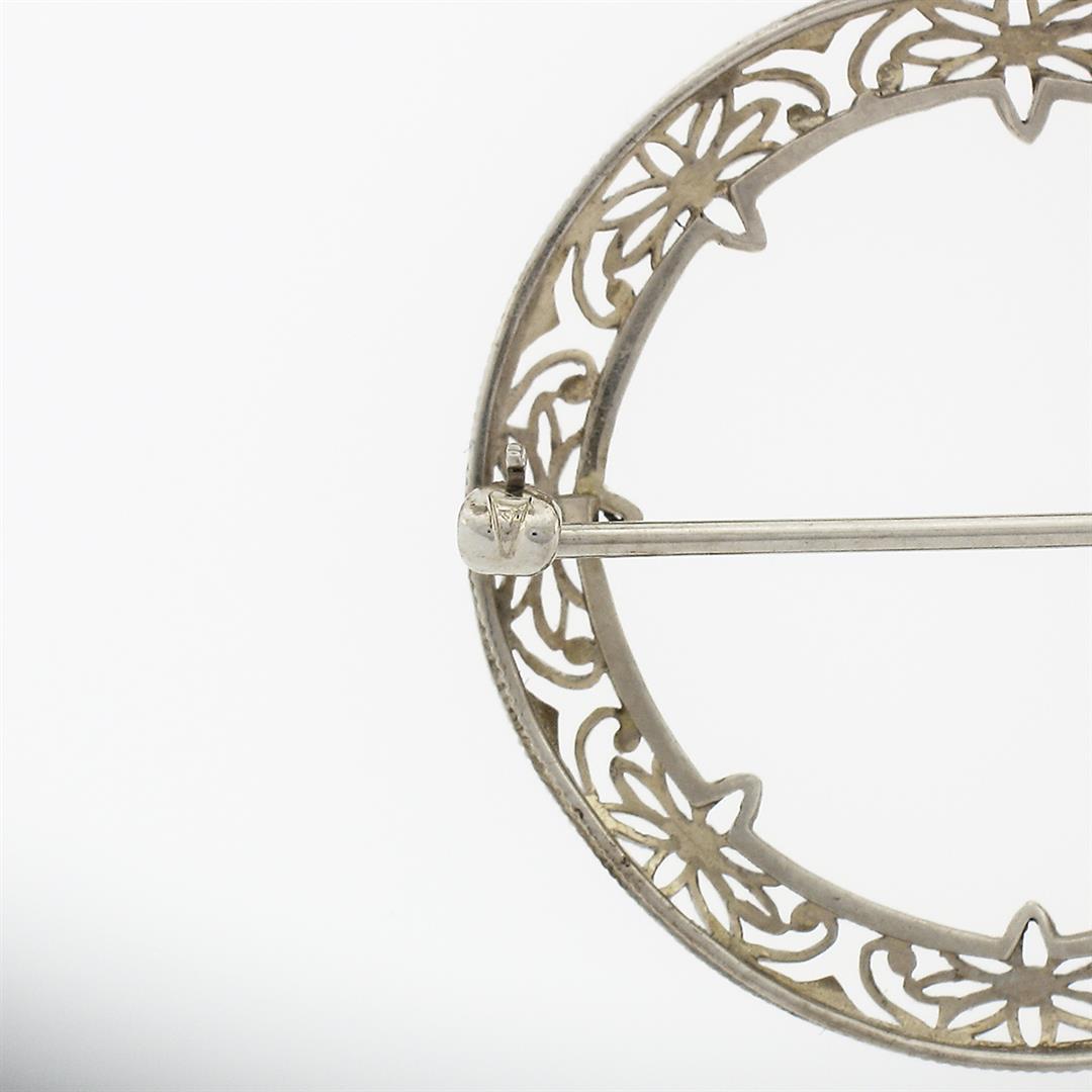 Antique Art Deco 14k White Gold Filigree Circle Wreath Floral Ribbon Brooch Pin