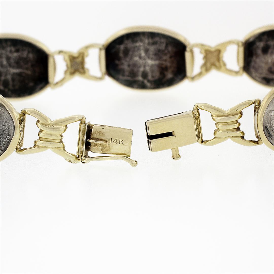 Vintage 14k Yellow Gold & Oval Sterling Silver Scene 12.9mm Chain Link Bracelet