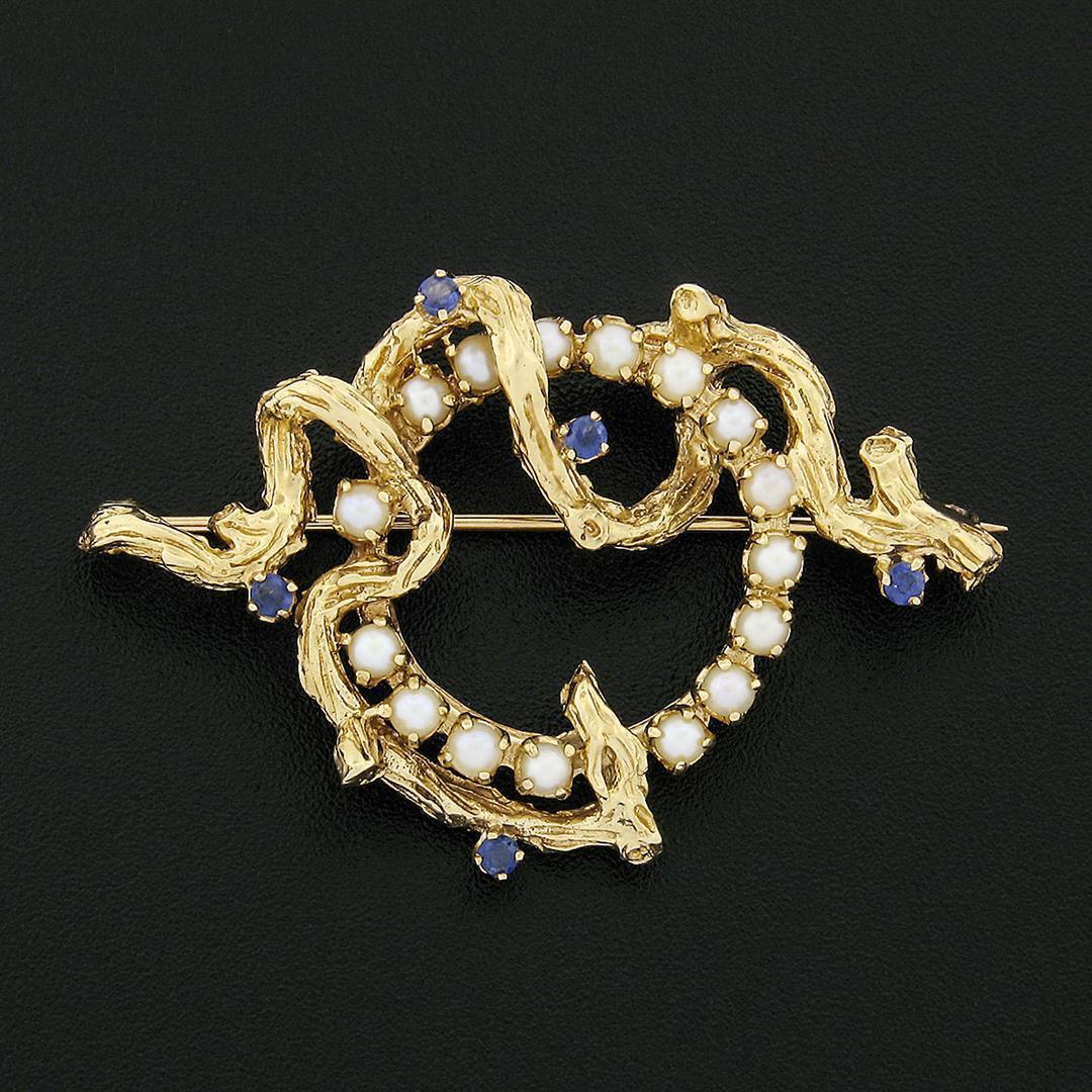 Vintage 14k Yellow Gold Pearl & Sapphire Bark Textured Vine Wrapped Brooch Pin