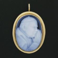 Vintage 18K Gold Carved Pope John Paul II Hardstone Cameo Pendant Brooch Pin