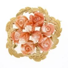 Vintage 14K Gold Carved Coral Rose Flower Bouquet Textured Leaf Round Pin Brooch