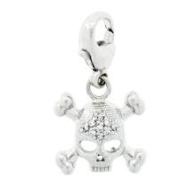 14k White Gold 0.12 ctw Diamond Skull & Crossbones Charm Pendant w/ Lobster Clas