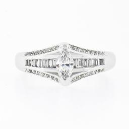 14k White Gold 1.37 ctw Marquise Solitaire Baguette Round Diamond Engagement Rin